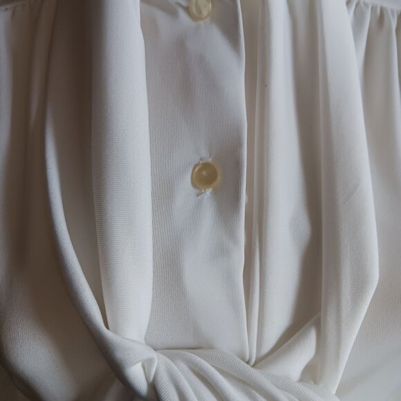 Vintage Women's Small Blouse Top 1970s White Secretary Tie Neck Stretch Granny - Picture 3 of 6